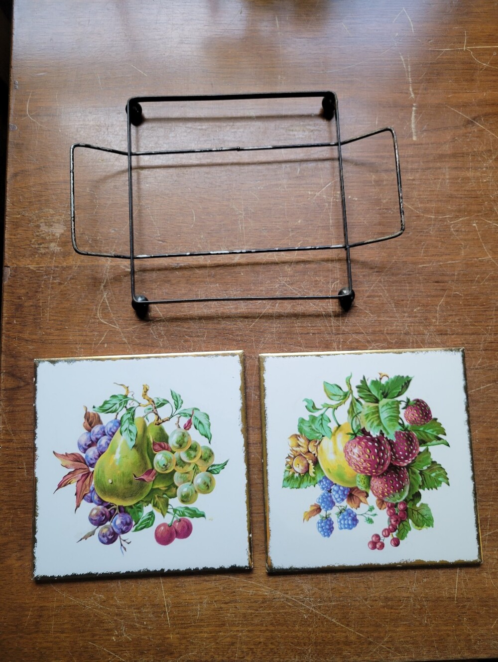 1970 Vintage Fruit Ceramic Tile Framed Artwork Trivets Set of 2 With Holder